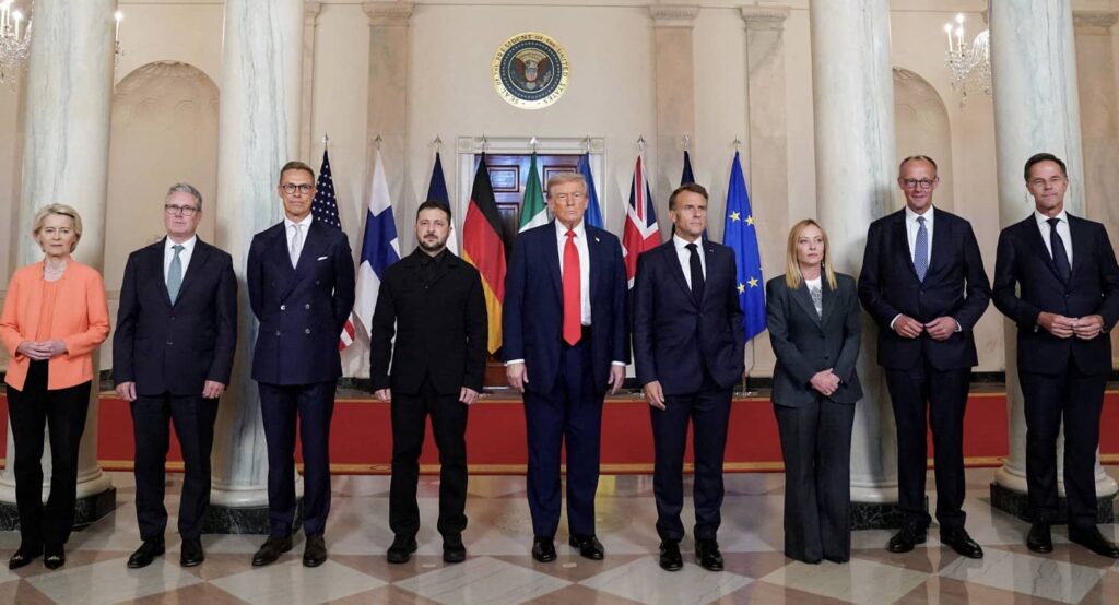 President Trump with Ukrainian President Zelensky and European leaders in Washington, August 2025. Photo credit: REUTERS.