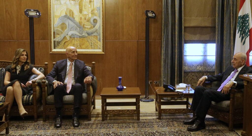 Tom Barrack, US Special Envoy for Syria, meets with Nabih Berri, Lebanon's Speaker of the Parliament (and leader of the Amal Party) in Beirut, August 2025. Photo credit: ZUMA Press Wire via Reuters Connect.