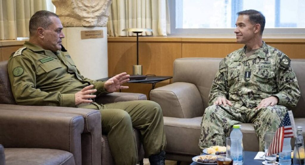 Israeli Chief of Staff Lieutenant General Eyal Zamir meets with CENTCOM Commander Admiral Brad Cooper. Photo credit: via REUTERS.
